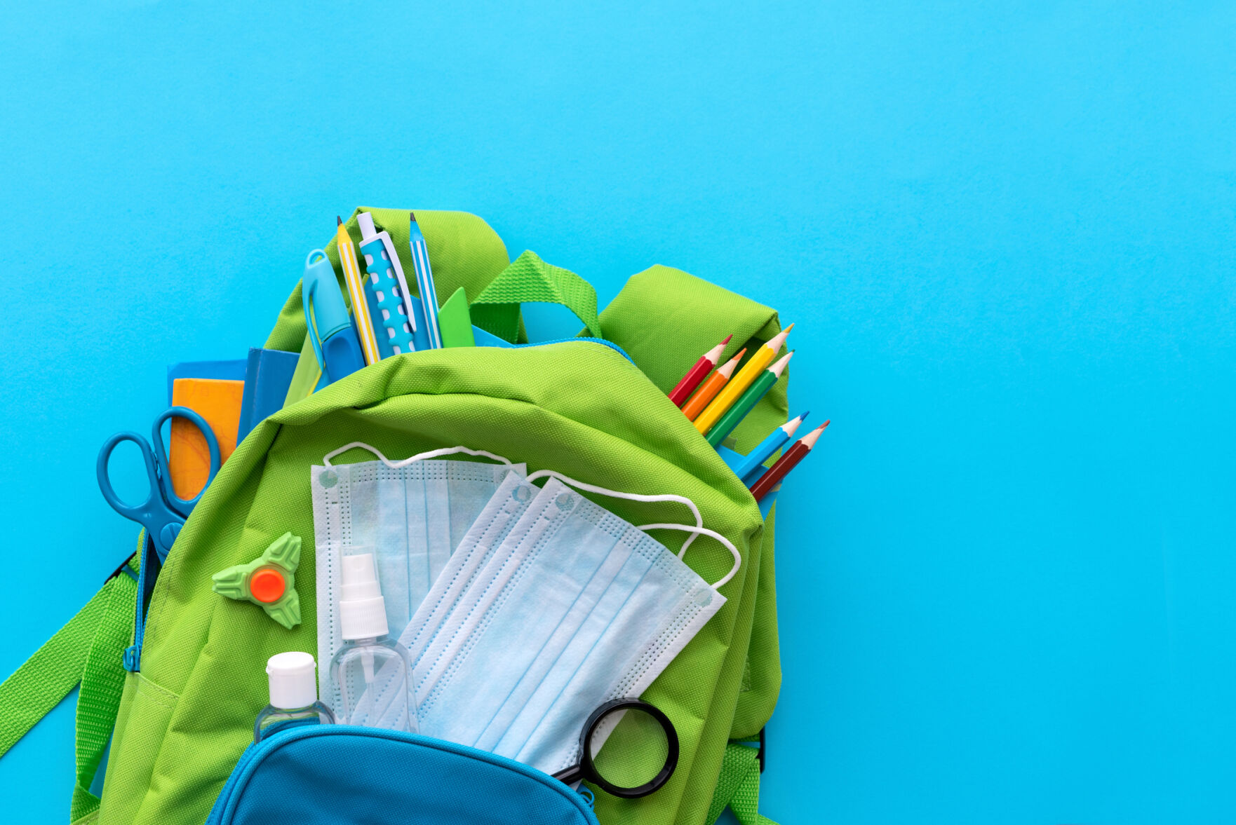 Backpack with school supplies and set of sanitizers.
